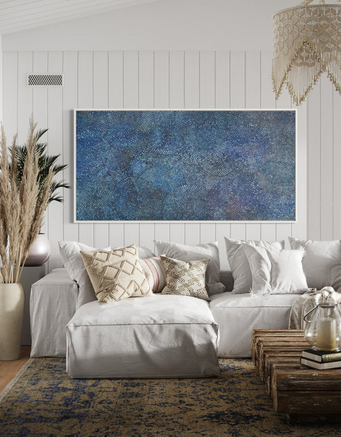Giclée print on canvas of Seth B. Minkin’s Cobalt Scales. Intricate scales fan outward with metallic pigments, offering organic rhythm and geometric harmony, suitable for vertical or horizontal display.